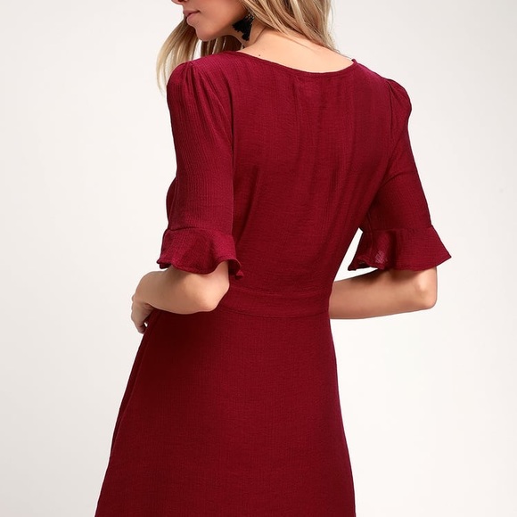 Lulu’s NOAH BURGUNDY FLOUNCE SLEEVE MINI DRESS - Picture 4 of 8